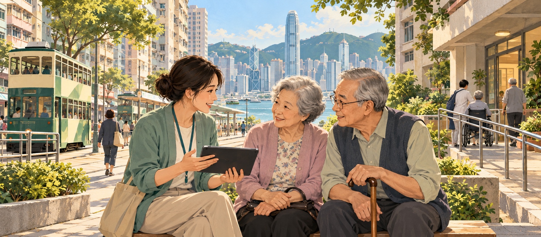 香港住宅街區與電車的日常景象，配合「長者社區照顧服務申請指南」頁面內容。