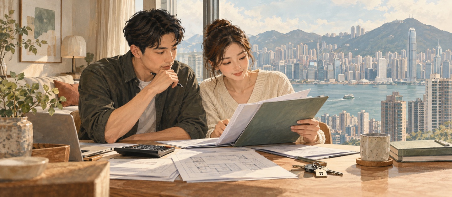 A Hong Kong home buyer reviews a property cost checklist and mortgage documents at a table