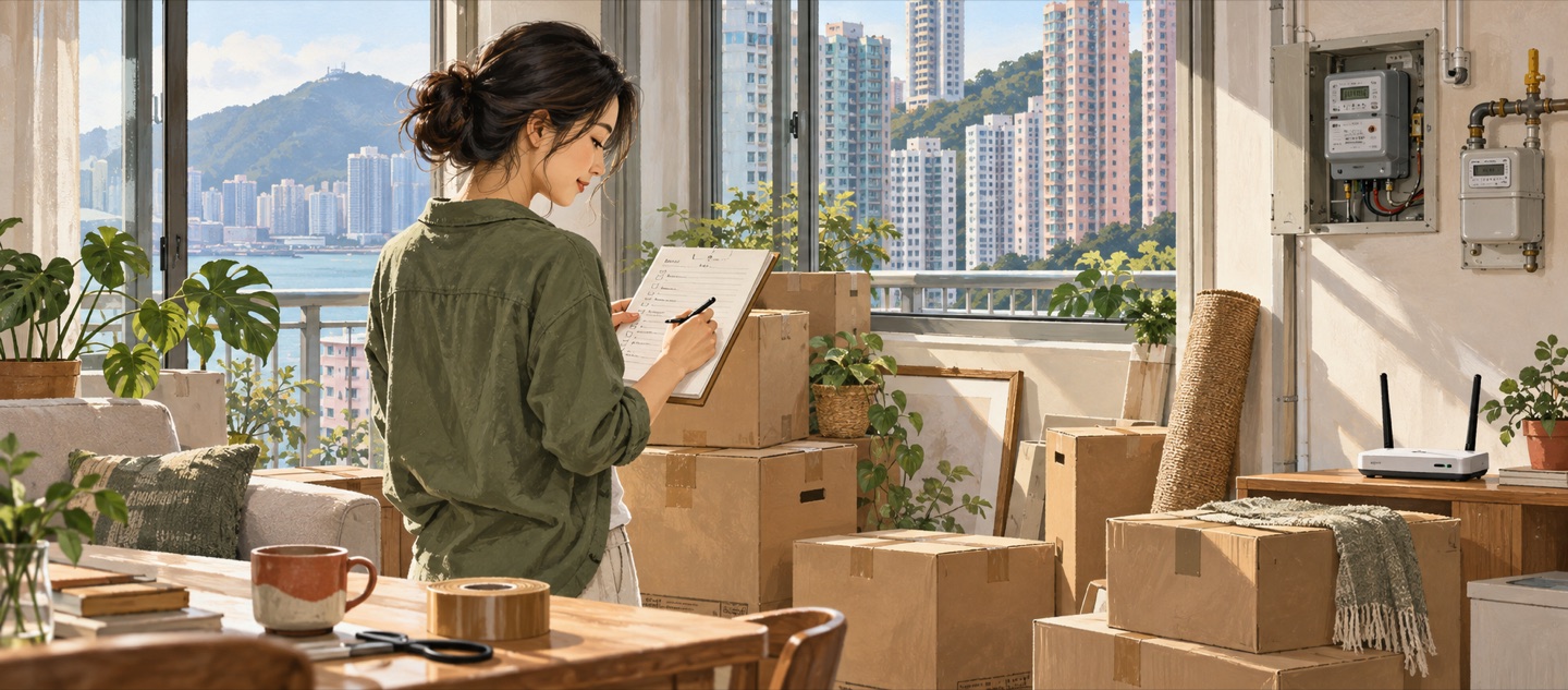 A Hong Kong household prepares moving boxes and checks a utilities and address-change list