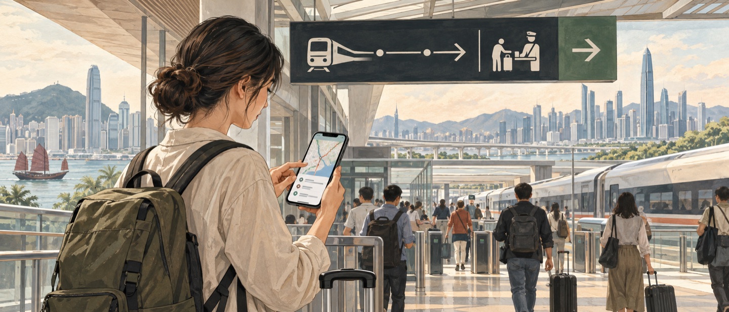 A Hong Kong traveller checks transport, map and payment apps before a Shenzhen trip