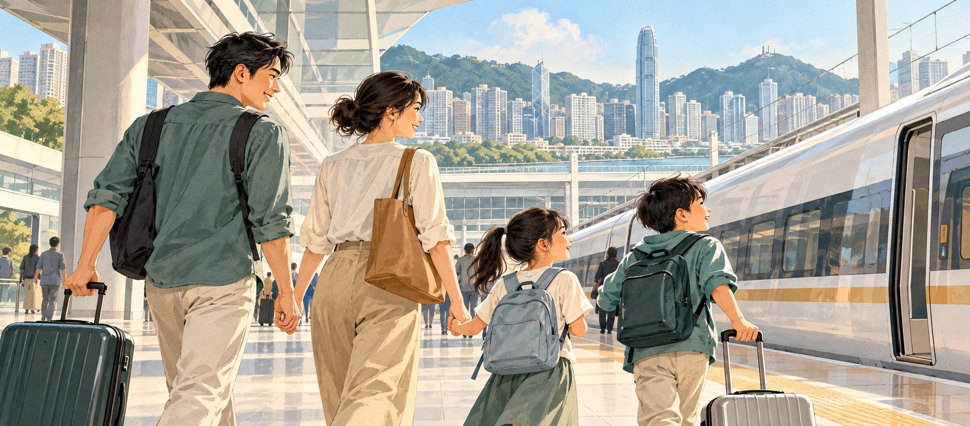 一家人步行前往跨境列車,配合「港人北上付款指南|支付寶、微信支付及銀行卡」頁面內容。