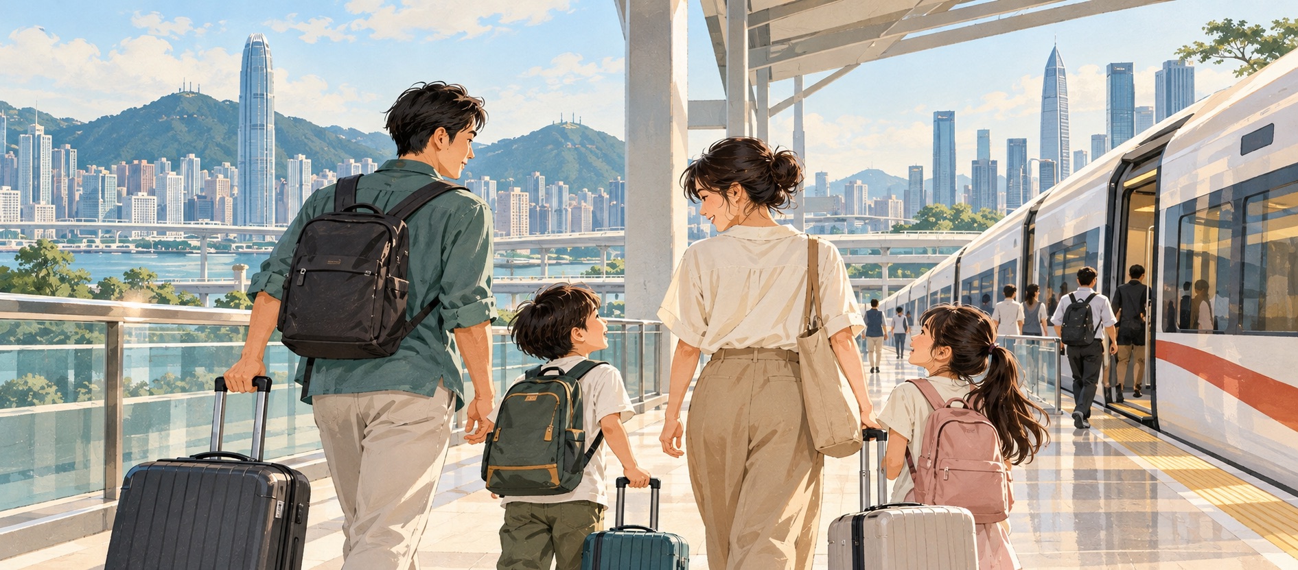 一家人步行前往跨境列車，配合「深圳口岸比較｜羅湖、福田、深圳灣、蓮塘及皇崗」頁面內容。
