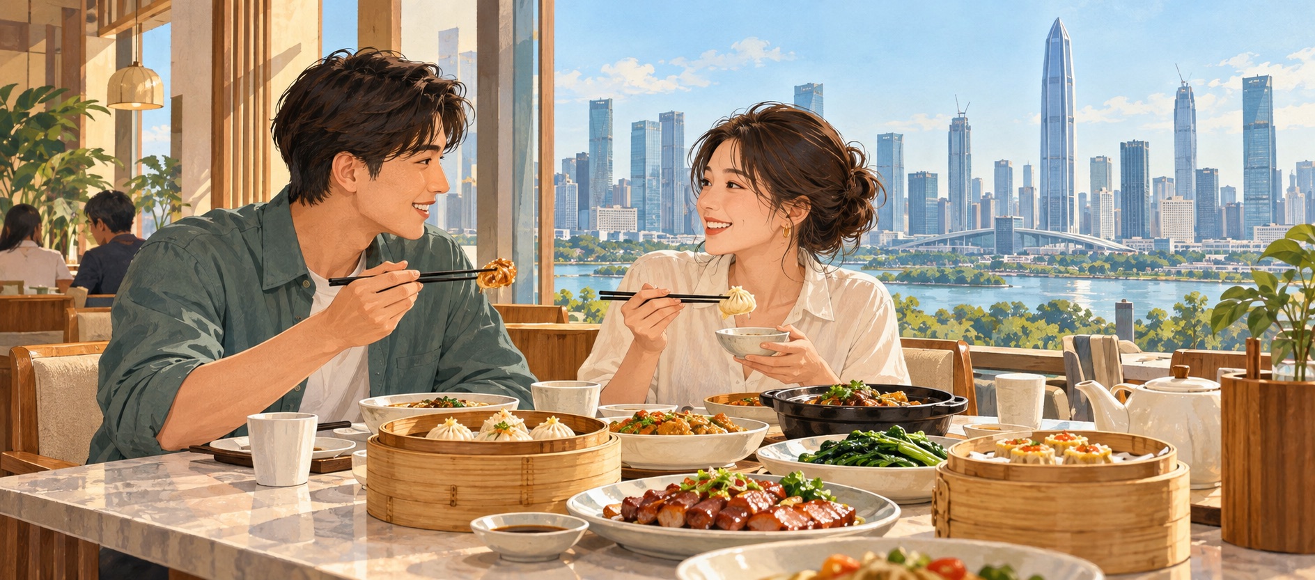 兩人在深圳餐廳用膳，配合「深圳一日遊預算｜交通、餐飲及活動開支」頁面內容。