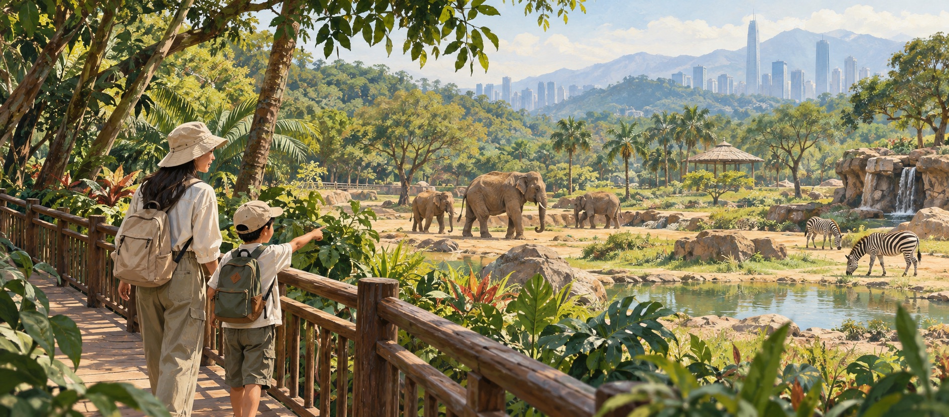 A family walking beside a green habitat with elephants and zebras at Shenzhen Safari Park