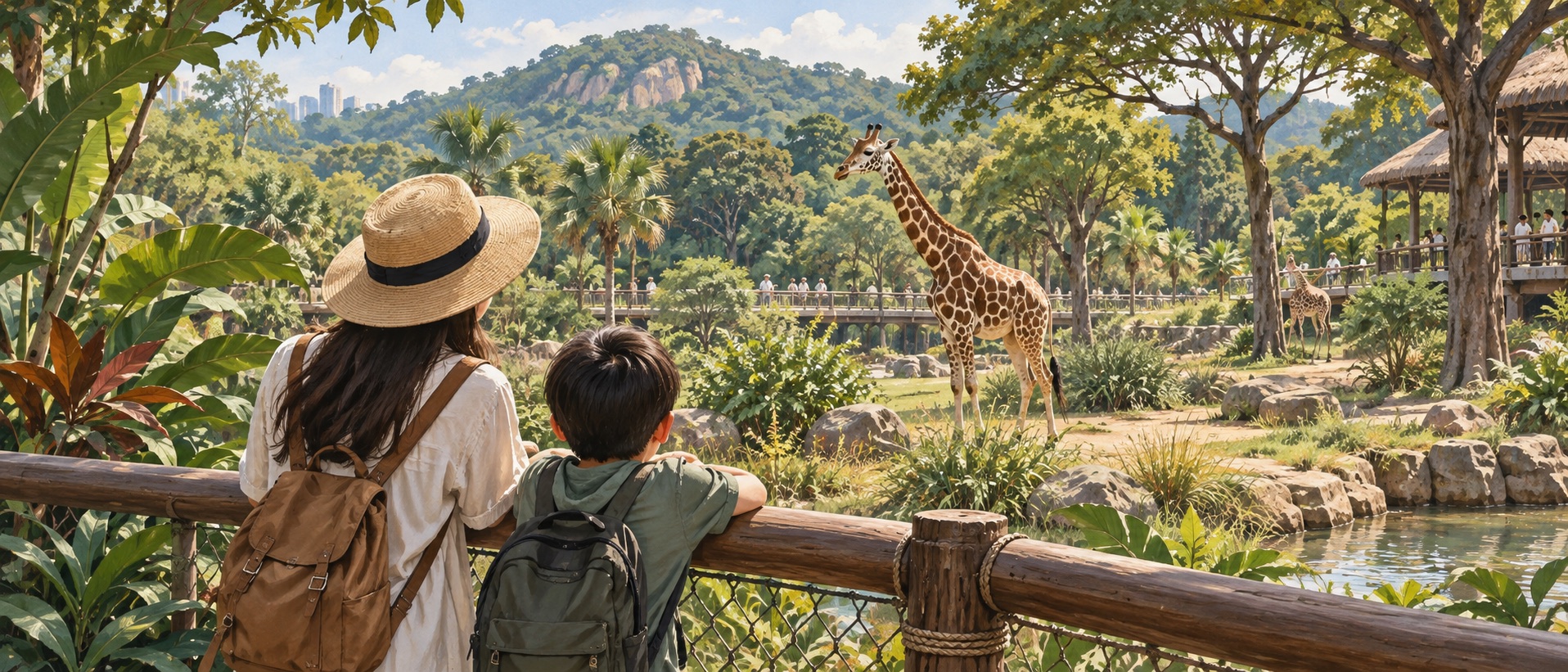 深圳野生動物園園區內,家長與小朋友在綠樹旁觀賞長頸鹿