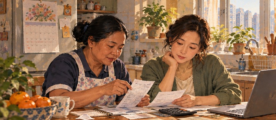 An editorial illustration of a home, care setting and household ledger for helper costs