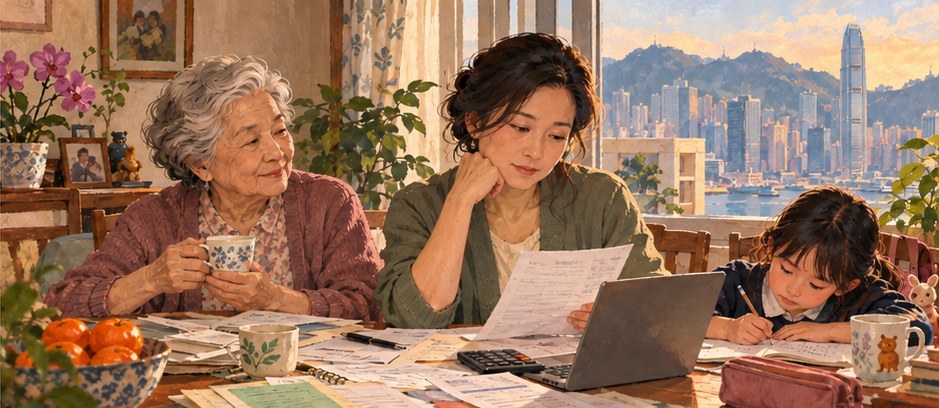 Editorial illustration of a household organising monthly living costs