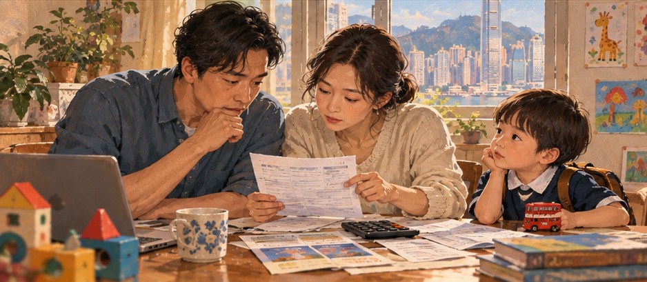 Editorial illustration of a parent and child checking kindergarten fee information and application papers in Hong Kong.