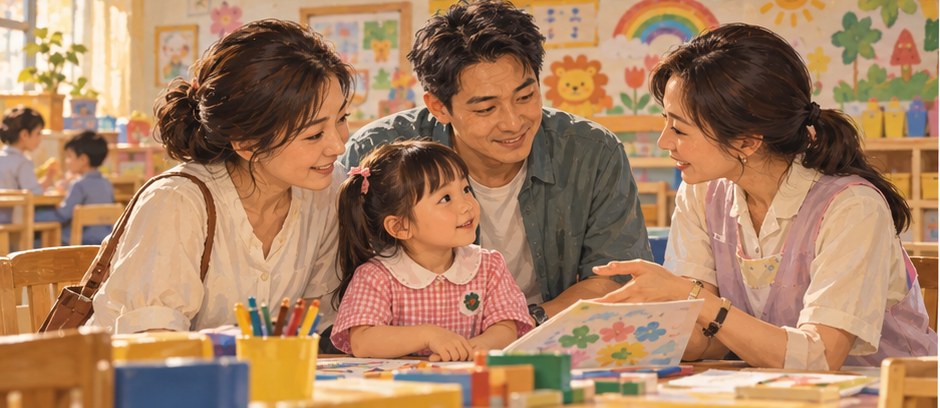 家長與孩子在香港幼稚園接待處查看學費資料和申請文件的專業編輯插畫。