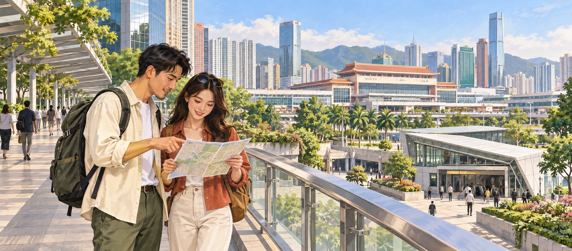 Travellers leaving Luohu Port and walking towards Shenzhen metro and nearby city streets