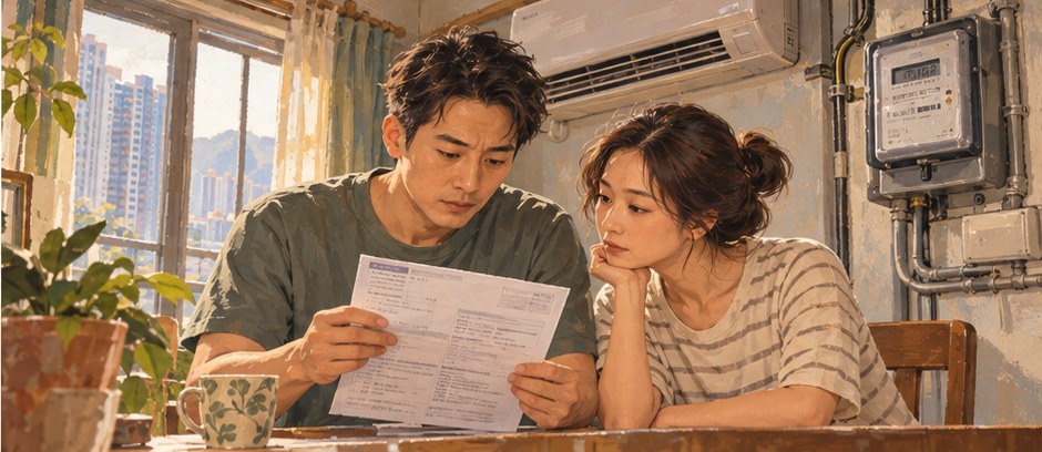 插畫呈現家庭帳單、能源用量和月曆，配合香港生活費每月核對表內容