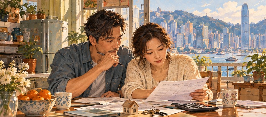 Editorial illustration of a Hong Kong homeowner comparing mortgage documents, a new bank estimate and a fee checklist.