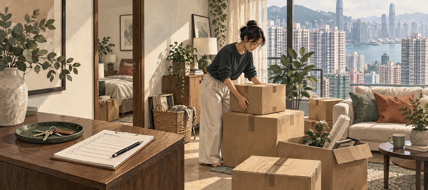 搬屋紙箱、鎖匙和清單，呈現香港住戶安排搬遷開支的情境。