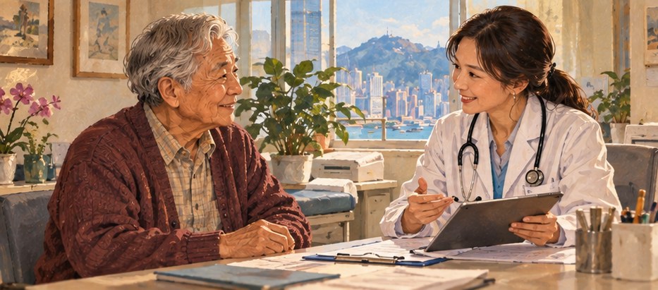 Editorial illustration of a patient and family reviewing a public healthcare fee schedule and a private hospital estimate in Hong Kong.
