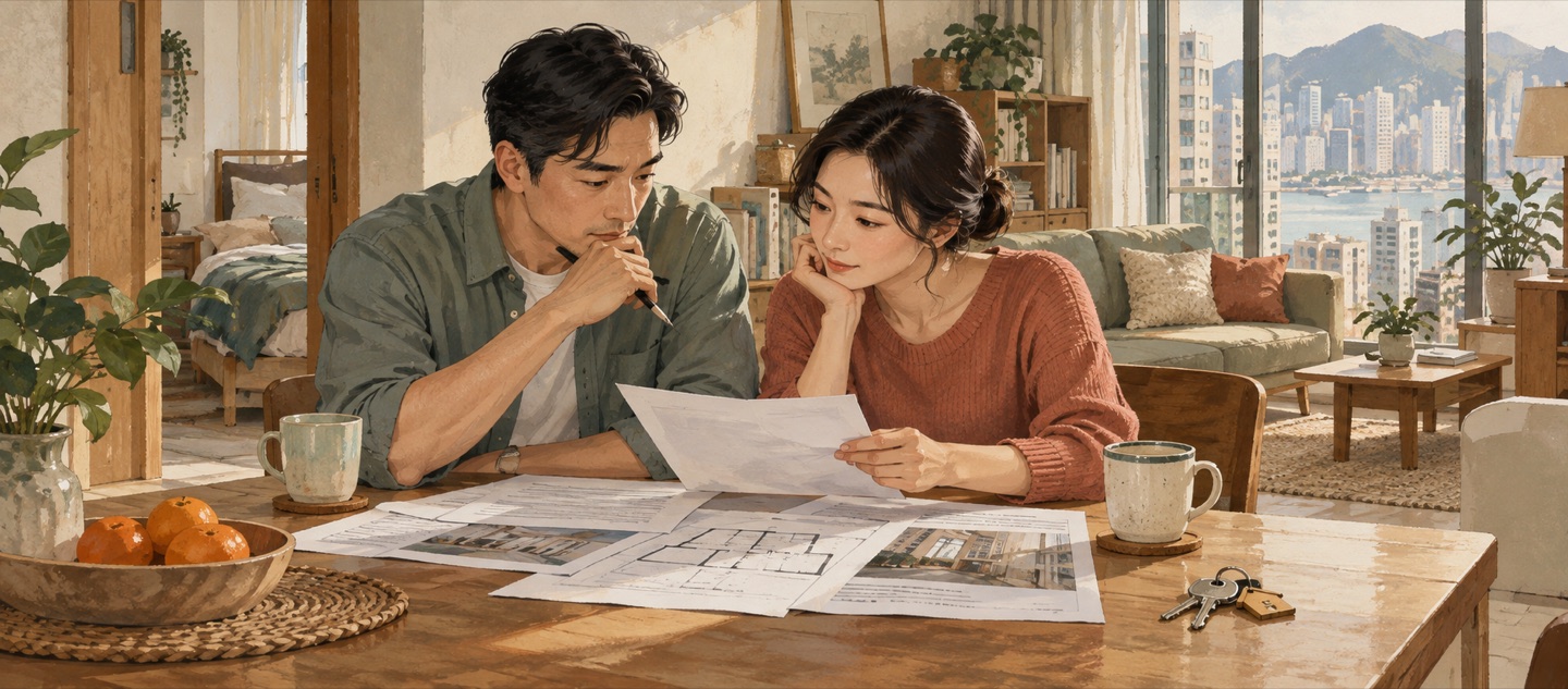 香港租住房間內的租約、鎖匙和每月支出記錄，呈現租屋預算情境。
