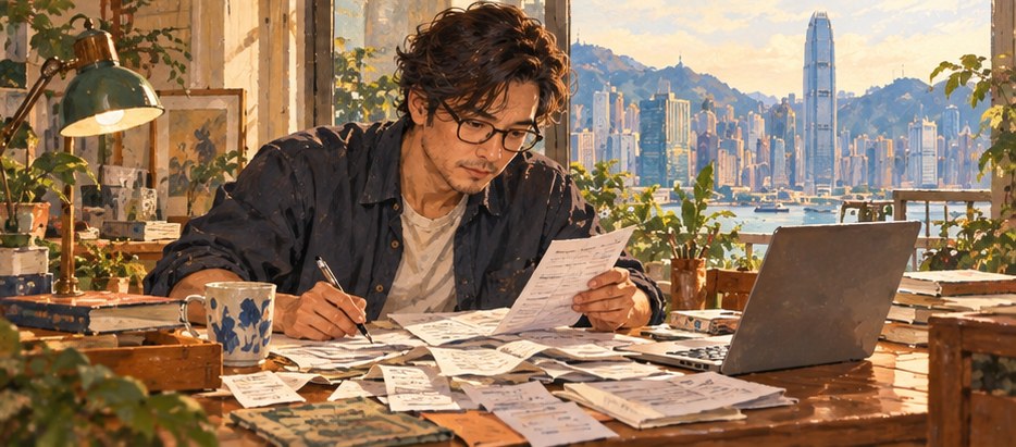An editorial illustration of Hong Kong tax forms and tax calculation notes
