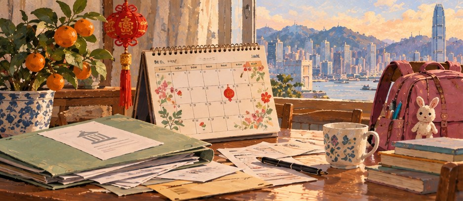 An editorial illustration of a calendar, umbrella and school books for seasonal planning in Hong Kong