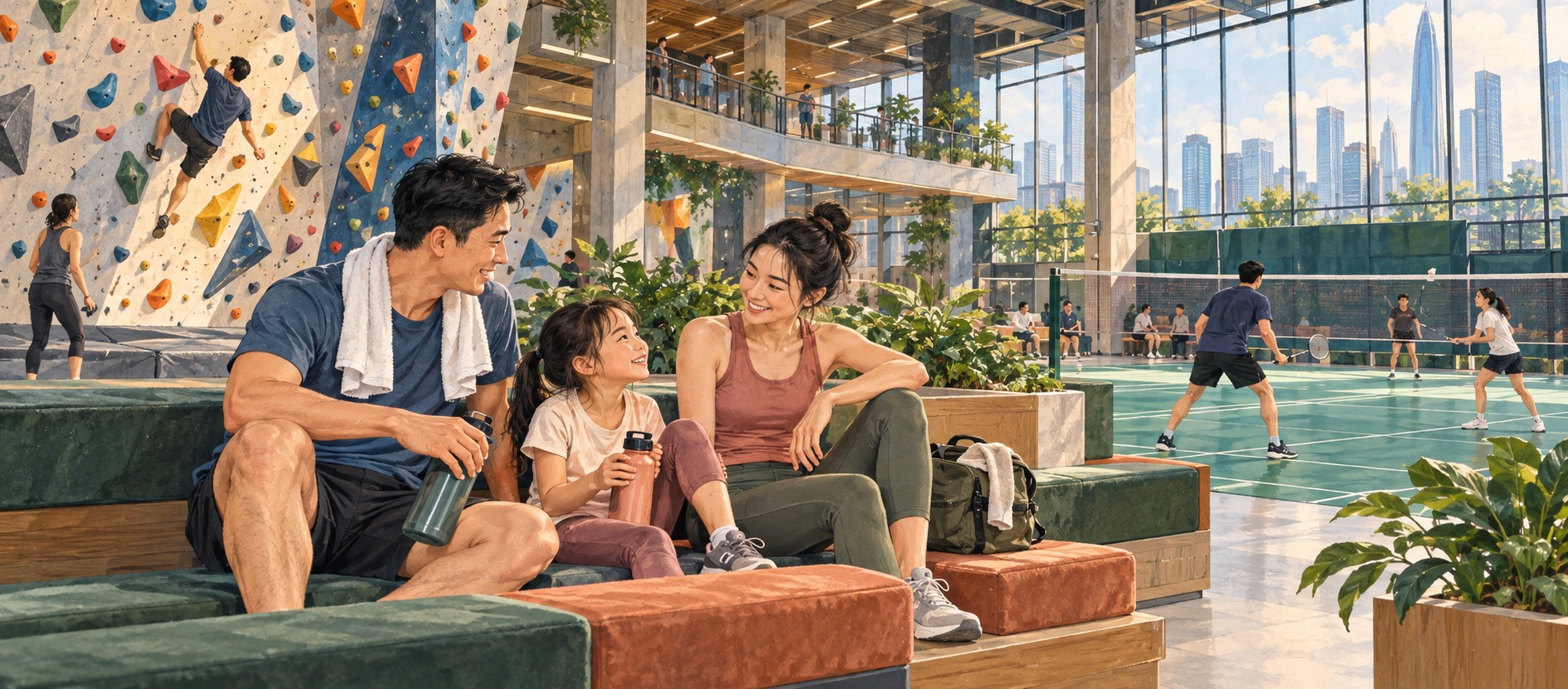 A family taking a break at an indoor sports and recreation venue in Shenzhen