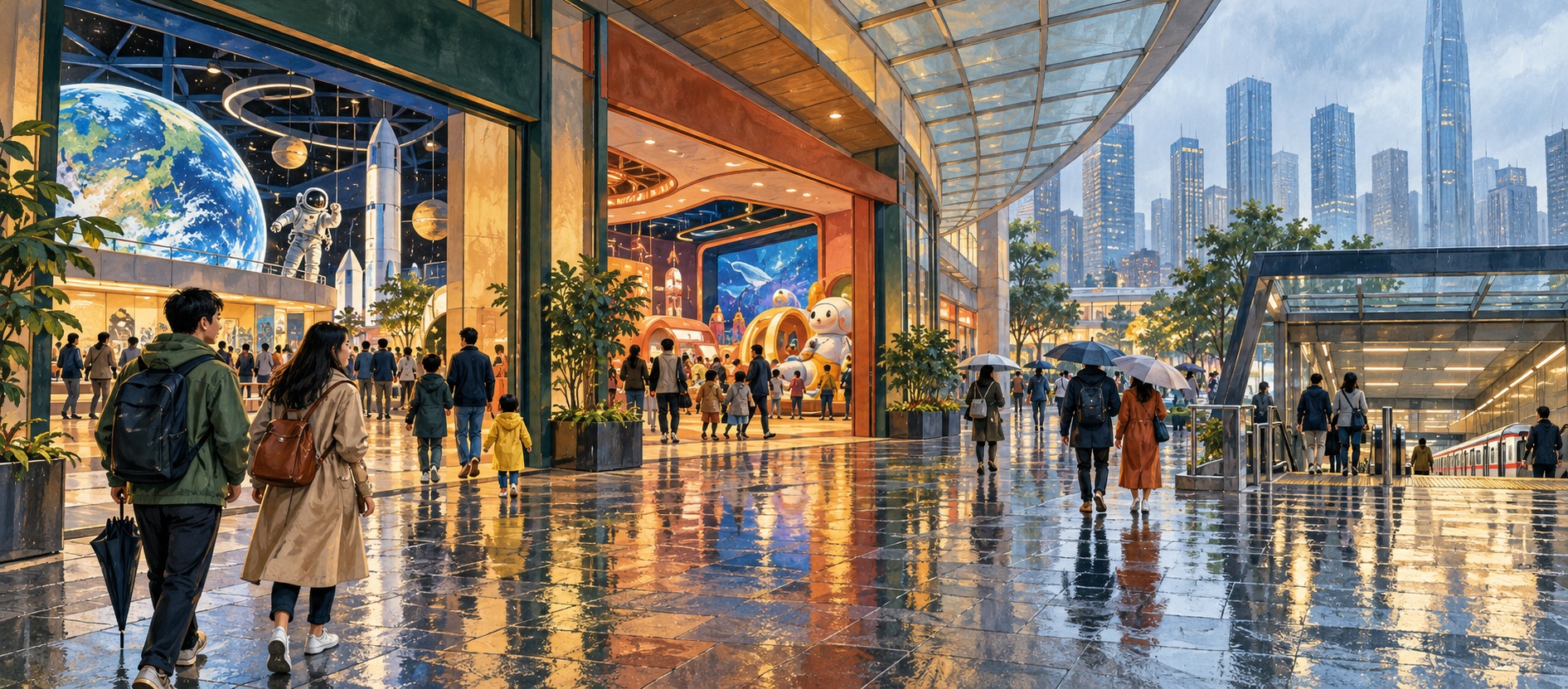 Visitors entering indoor attractions along a covered Shenzhen arcade on a rainy day