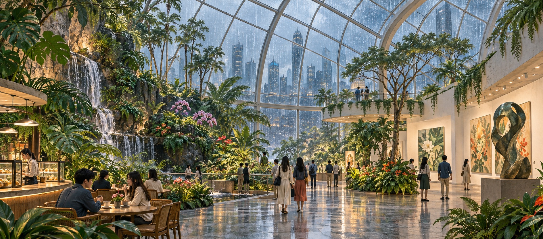 深圳雨天室內行程，訪客在玻璃屋頂的植物展館參觀