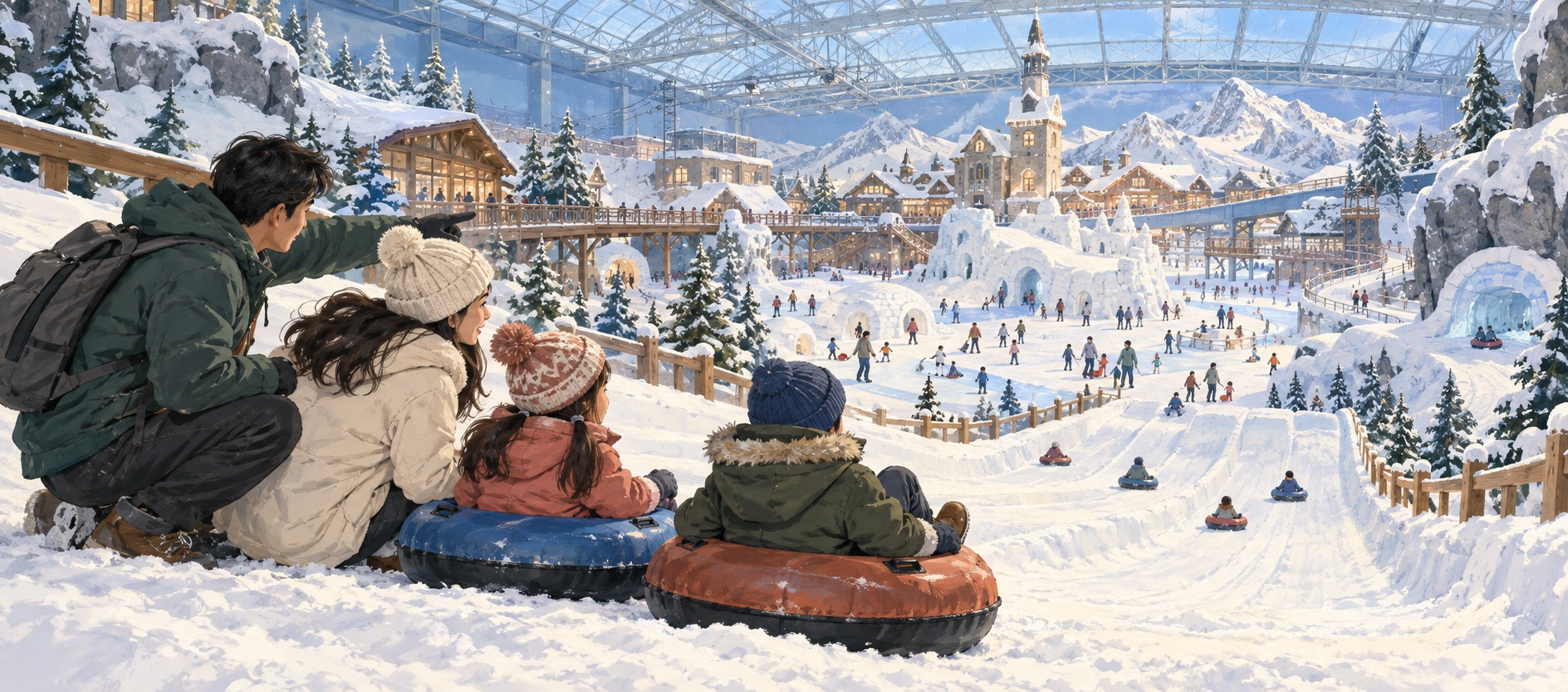 A family visiting an indoor snow park in Shenzhen