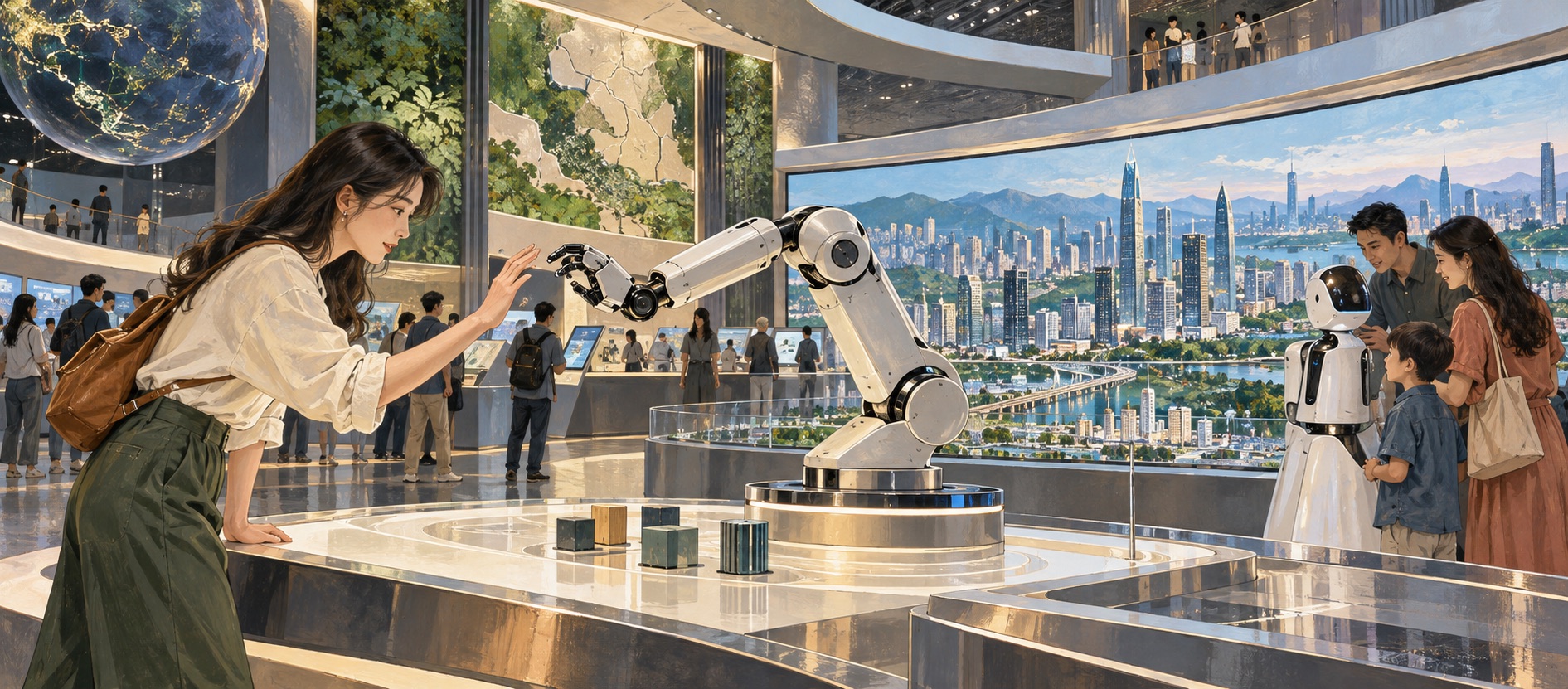 A visitor exploring a robotics exhibit at a contemporary Shenzhen technology museum