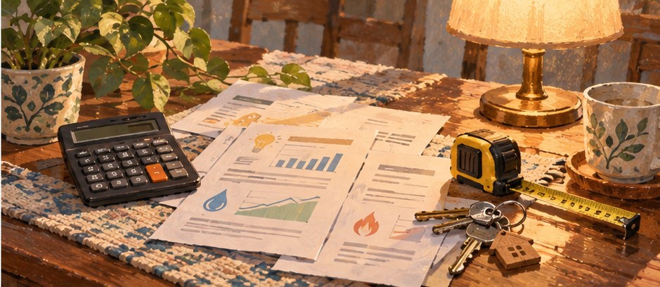 Editorial illustration of a calculator, household bill and data chart for Hong Kong living tools
