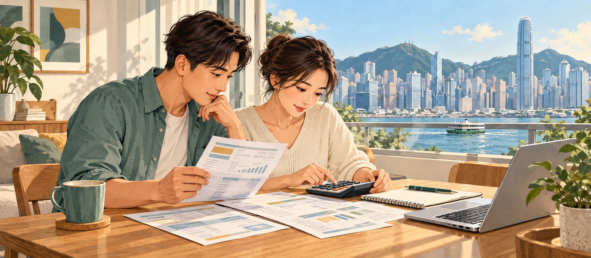 香港居民在家中查看帳單並使用計算機,配合「香港電費計算器」頁面內容。
