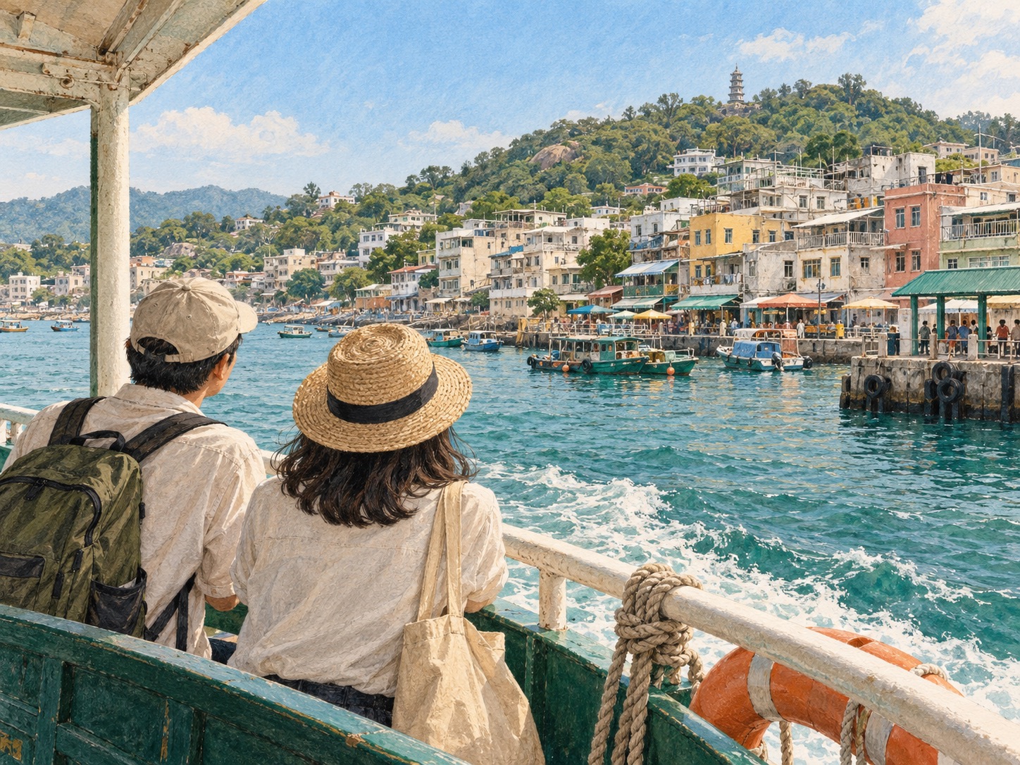 A hand-painted view from a ferry approaching a Hong Kong island harbour and coastal path