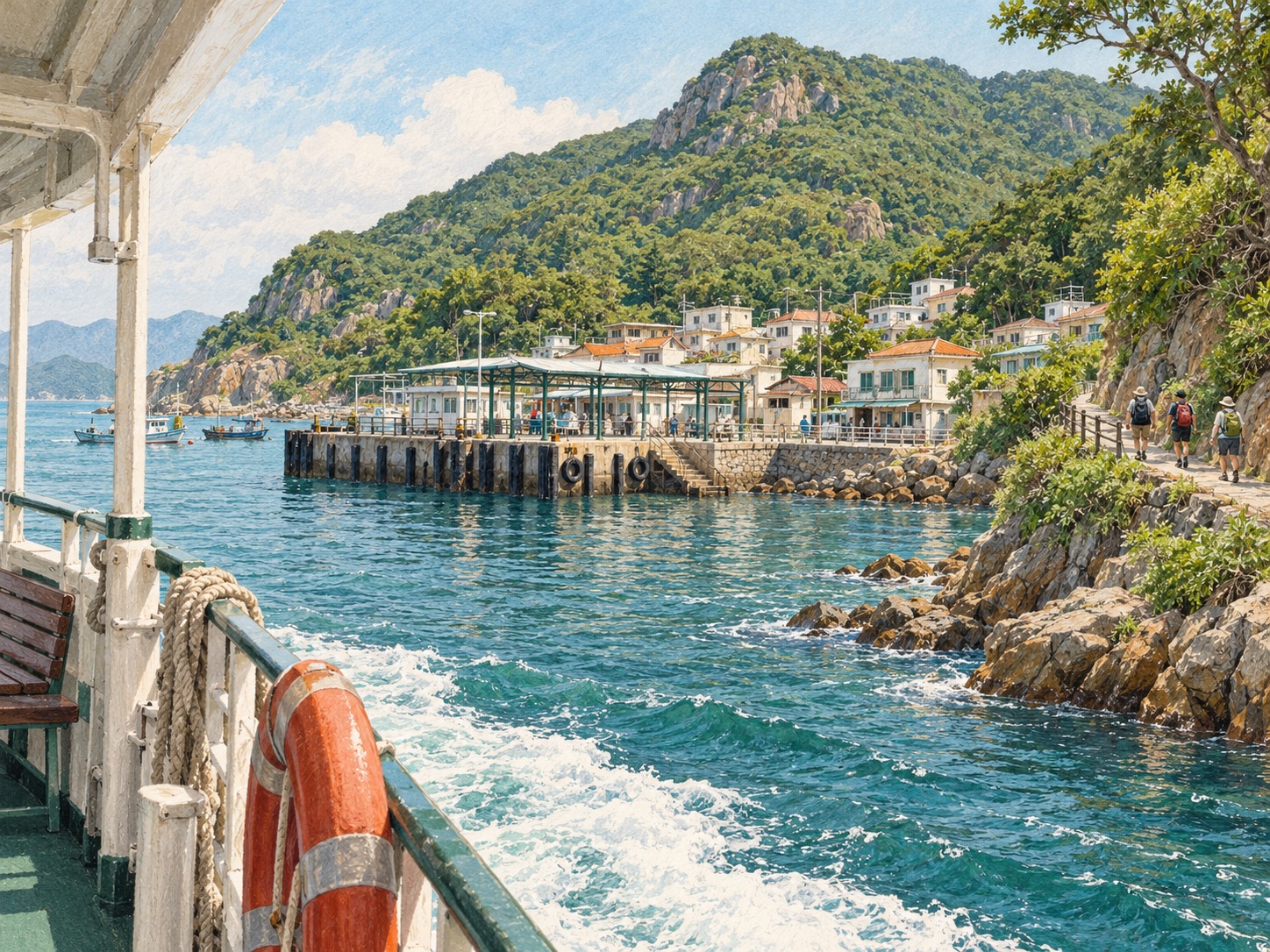 從渡輪甲板望向香港離島碼頭、海灣及山徑的手繪風格插畫