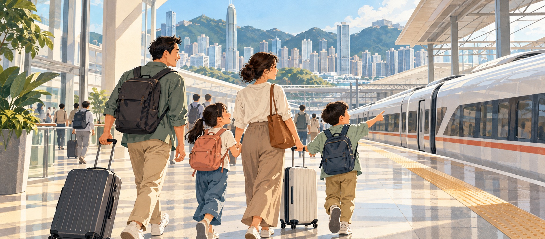 一家人步行前往跨境列車，配合「北上付款及消費預算指南」頁面內容。