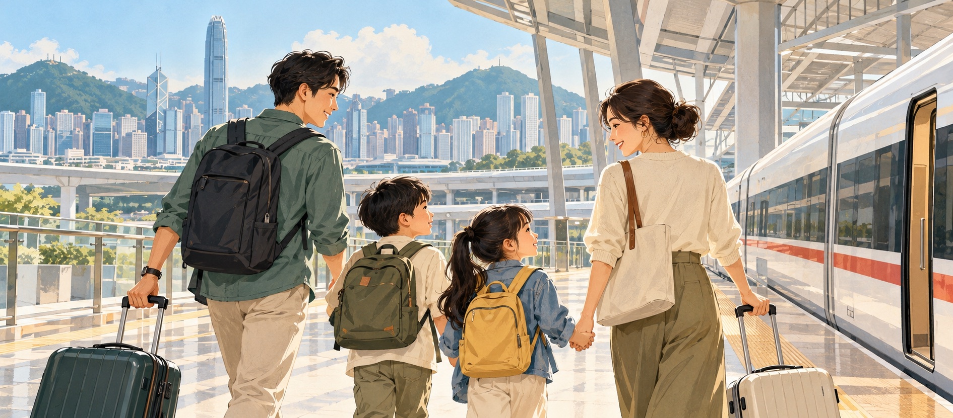 一家人步行前往跨境列車,配合「香港人北上消費指南」頁面內容。