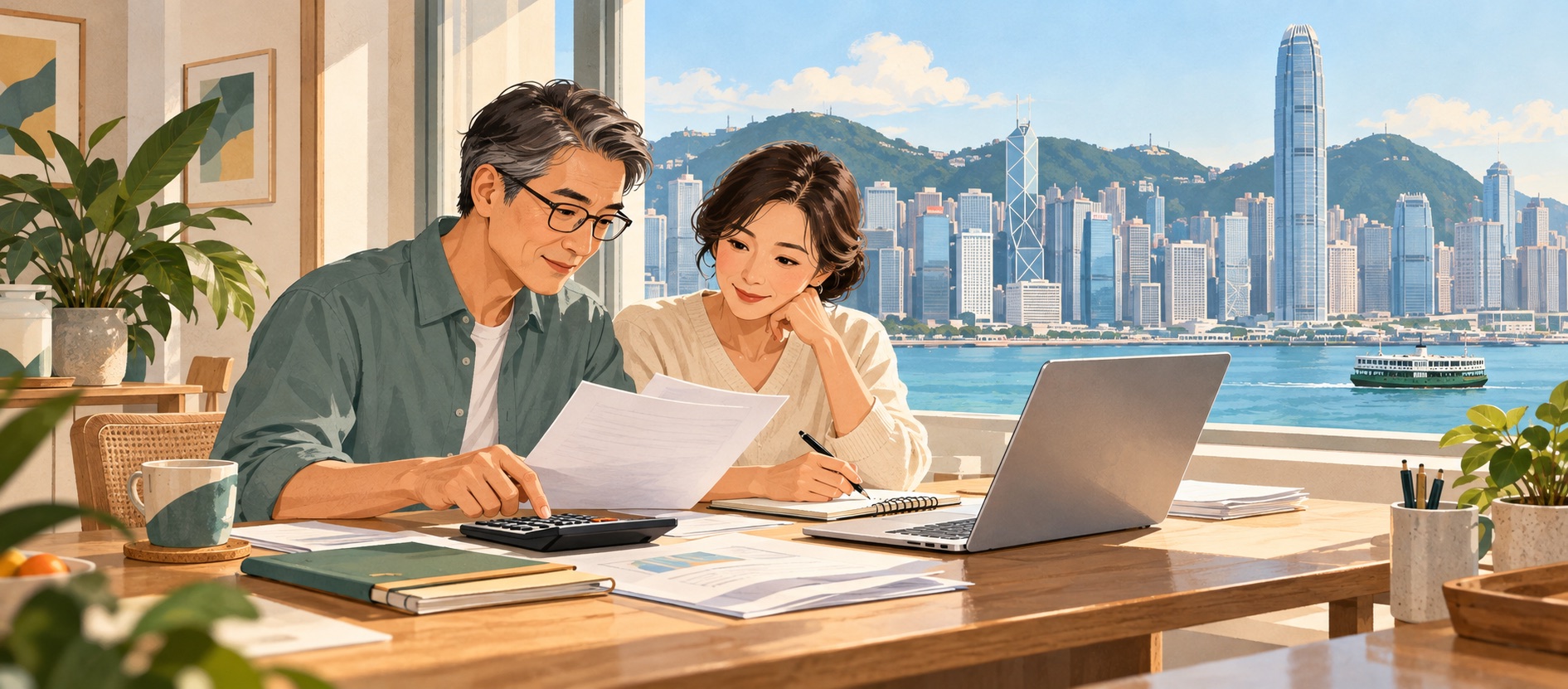 香港居民使用電腦與計算機整理生活資料,配合「福利與退休理財」頁面內容。