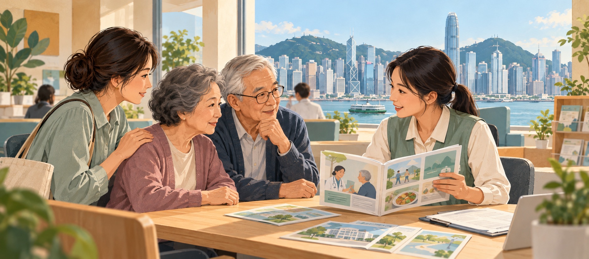 長者與家人向社區服務人員了解資訊,配合「醫療與健康」頁面內容。