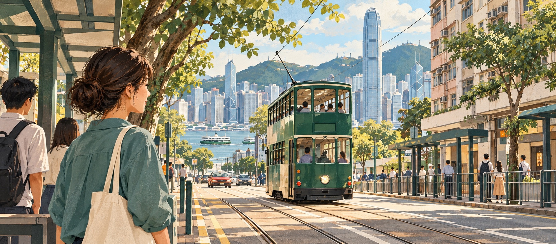 香港住宅街區與電車的日常景象,配合「交通與出行」頁面內容。
