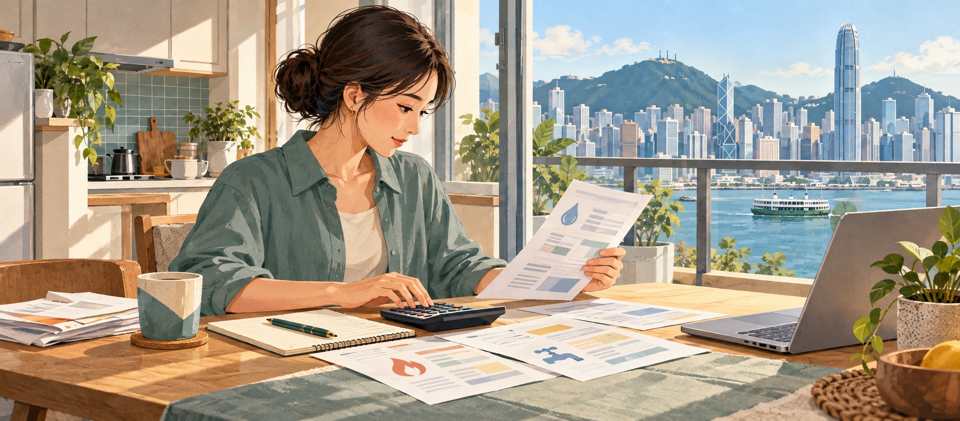 香港居民在家中查看帳單並使用計算機,配合「家居服務與公用設施」頁面內容。