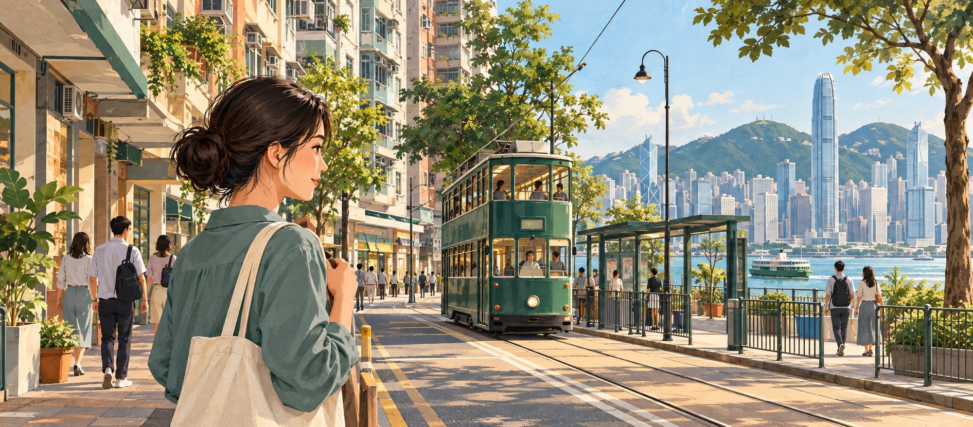 香港住宅街區與電車的日常景象,配合「香港生活」頁面內容。