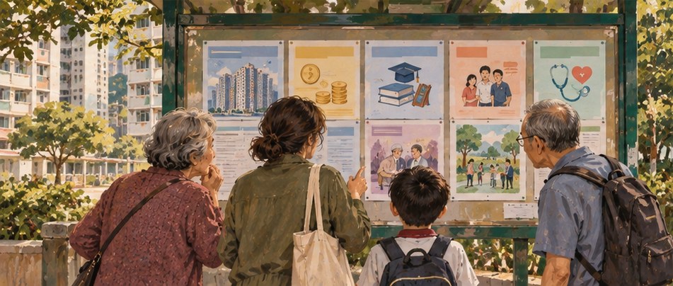 香港居民在家查看政府服務資料的專業編輯插畫