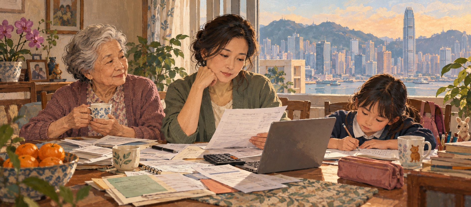 Hand-painted illustration of a Hong Kong family organising elder care, children’s education and household expenses