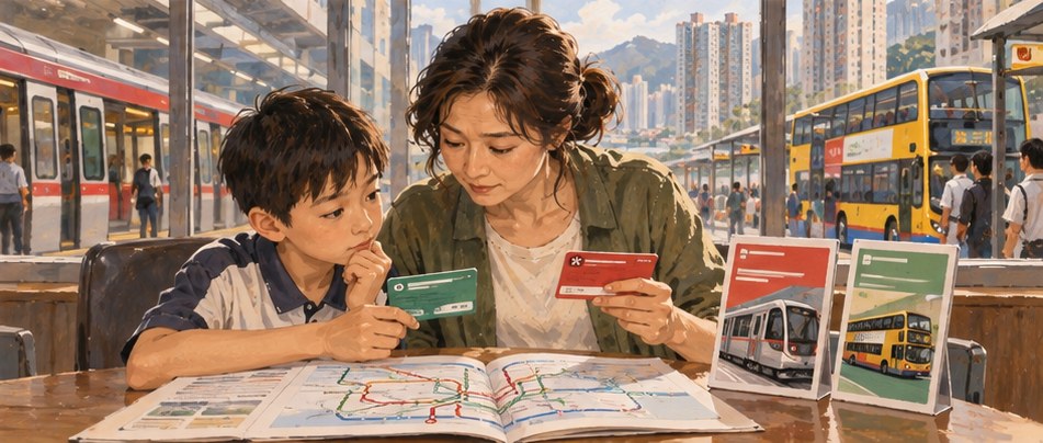 插畫以港鐵列車、巴士及車票呈現公共交通月票比較
