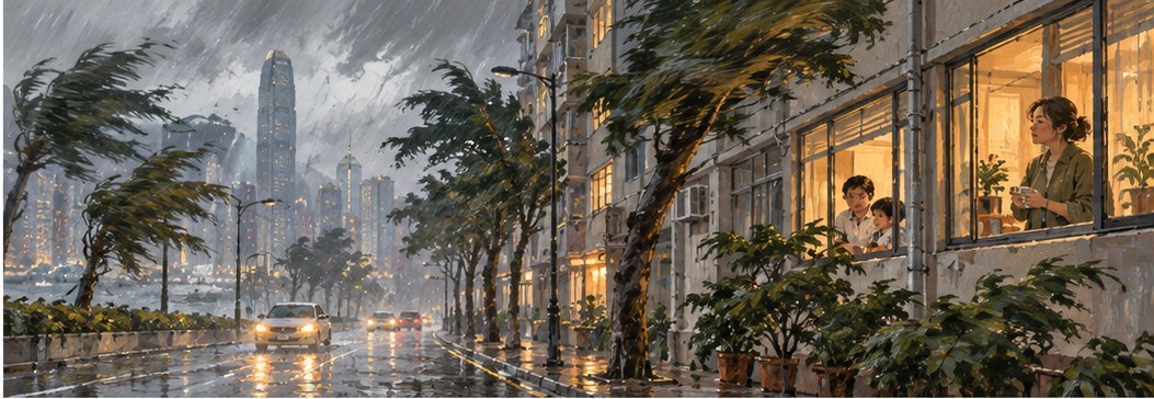 Hand-painted illustration of Hong Kong residents indoors during a typhoon, with wind-bent trees and rain outside
