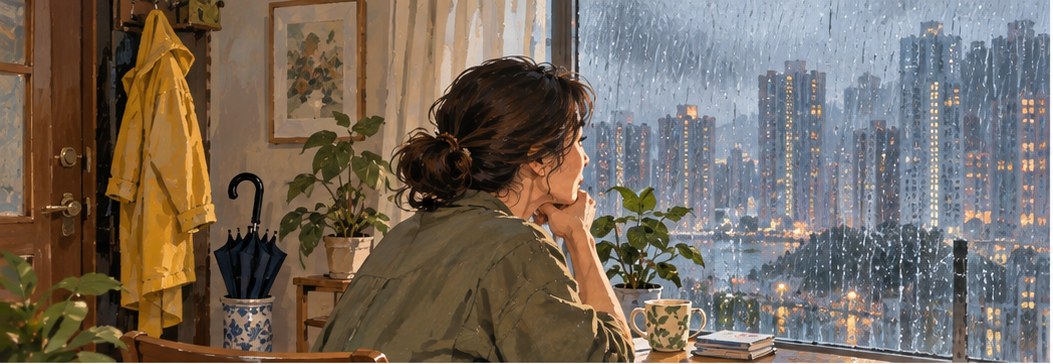 編輯插畫描繪香港居民在家中窗前查看暴雨,門旁備有雨衣和雨傘