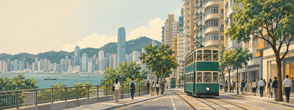 香港住宅街區與電車的日常景象，配合「香港生活資訊，幫你逐步查清楚」頁面內容。